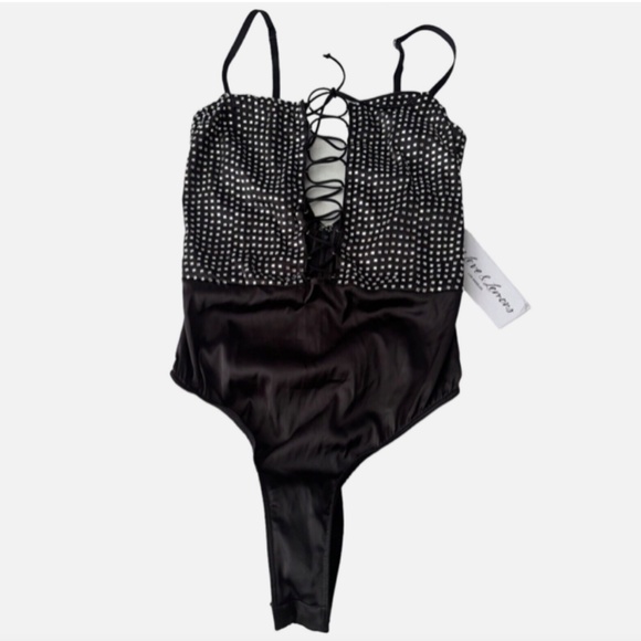 For Love & Lemons Victorias Secret Nwt Black Mirage Mirrored Bodysuit Top XXS - Picture 1 of 8